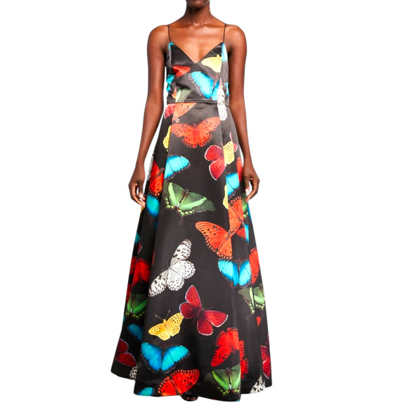 Alice + Olivia Butterfly Print Ball Gown Dress Bubble Hem Open Back Size 10 - Picture 12 of 13